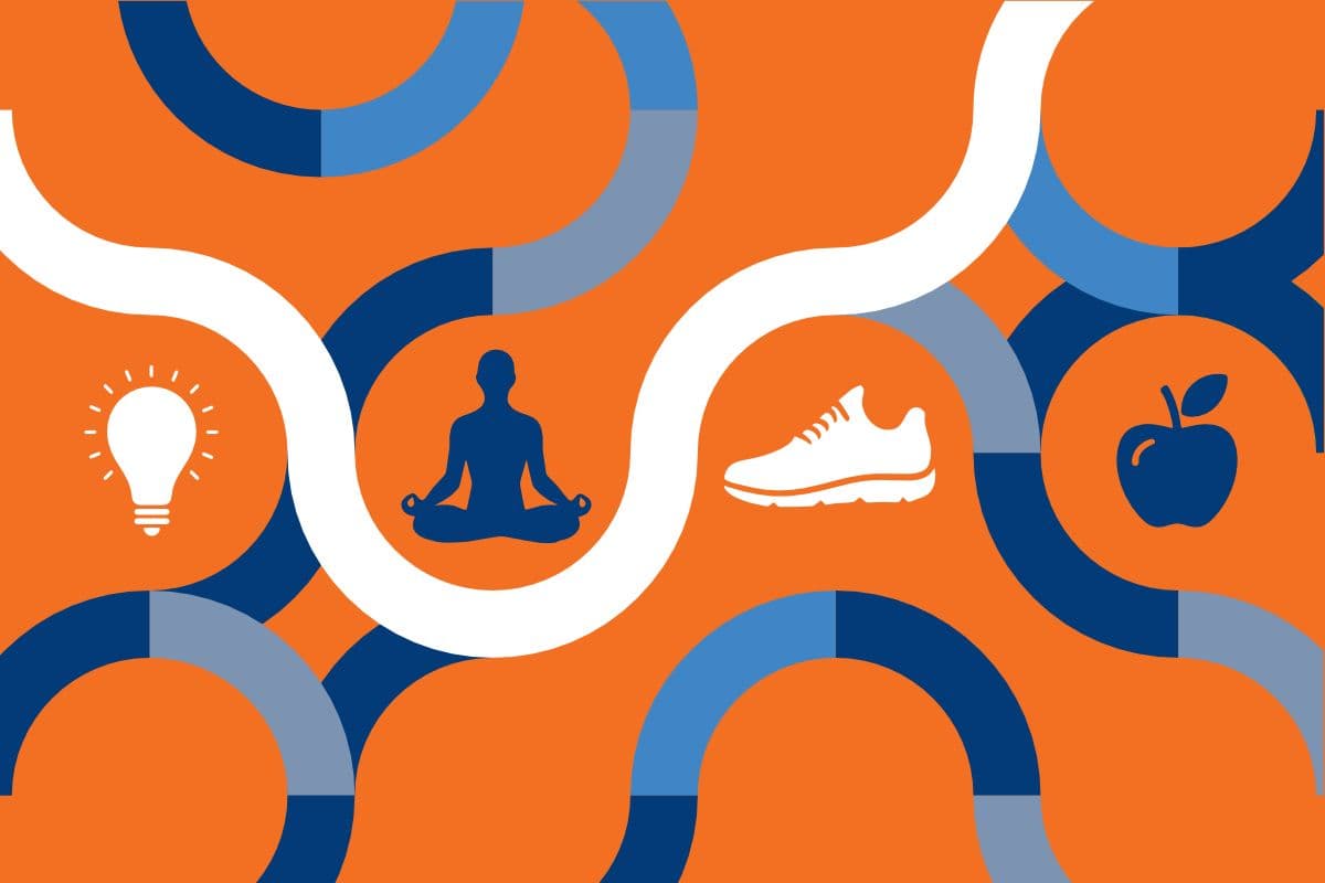 Bild von weißer Linie und blau-grauen Linien vor orangenem Hintergrund. Meditierende Person und weißer Schuh als Emoticon