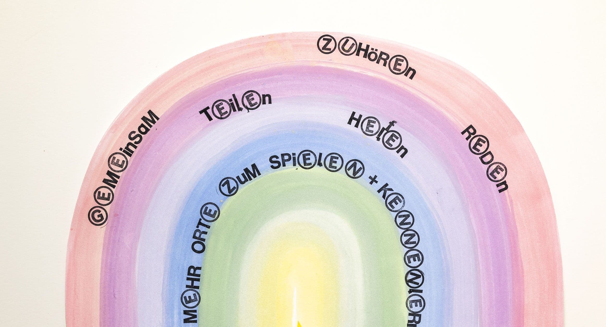 Ein gemalter Regenbogen in welchen verschiedene Verben geschrieben sind